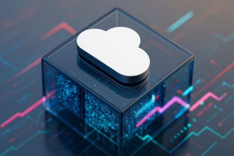 Icono de nube sobre un bloque tecnológico con datos digitales, representando cultura empresarial y transformación digital