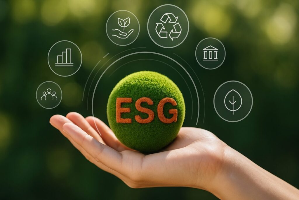Mano sosteniendo esfera verde con letras ESG rodeada de íconos que simbolizan gobernanza, medio ambiente y responsabilidad social