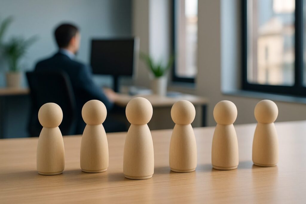 Cinco figuras de madera sobre fondo azul claro, representando equipo humano y organización estructurada, asociadas a gestión interna laboral y predictibilidad corporativa en México.