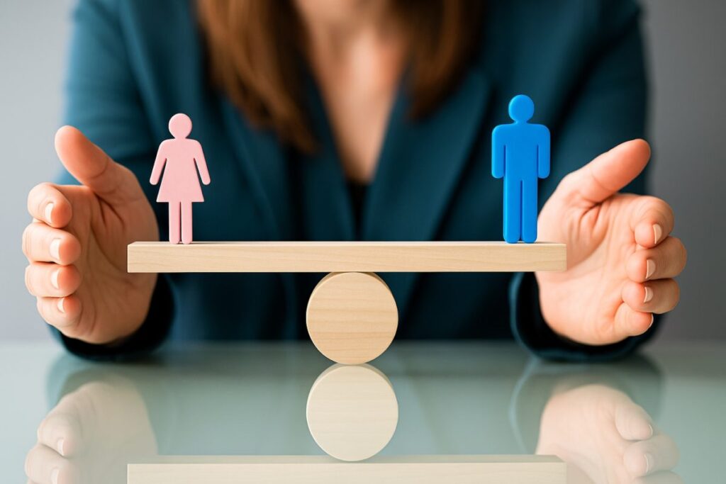 Hombre y mujer en balanza de madera simbolizando igualdad en empresas de Murcia