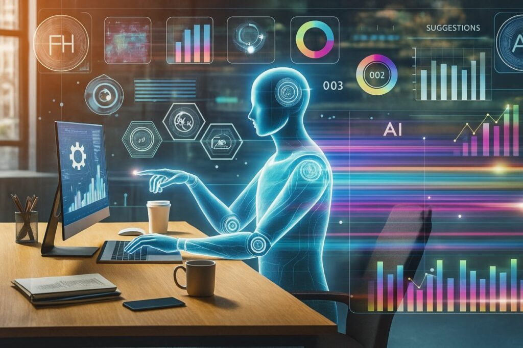 Empresario mexicano en entorno moderno con elementos visuales de inteligencia artificial empresarial