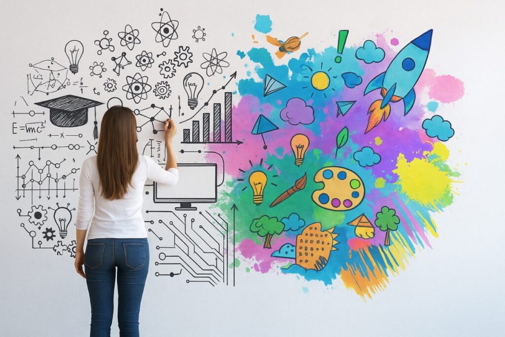 Estudiante frente a mural con dibujos que representan innovación educativa, creatividad y tecnología