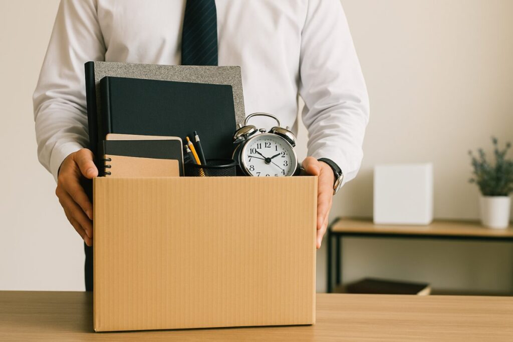 Persona sostiene caja con reloj, libros y objetos personales tras despido por impuntualidad reiterada