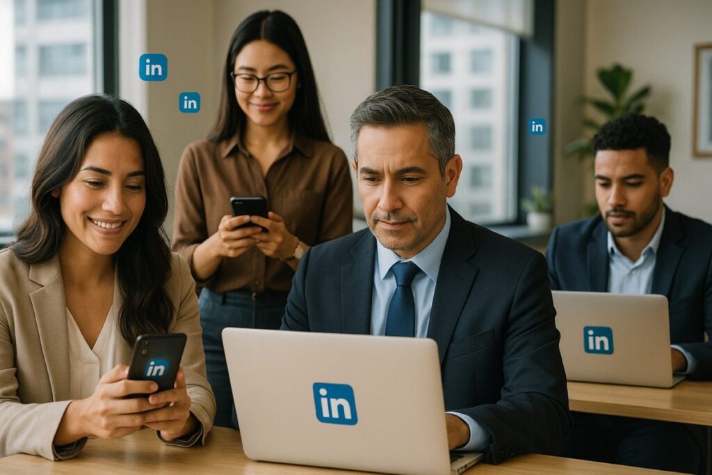 Ilustración de líderes empresariales en México usando LinkedIn para conectar talento e innovación