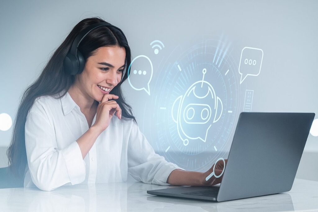 ilustración de una mujer frente a algoritmos de inteligencia artificial con sesgos laborales