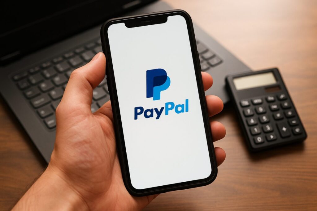 Cliente usando aplicación de PayPal para pagos omnicanal en México, frente a laptop y calculadora