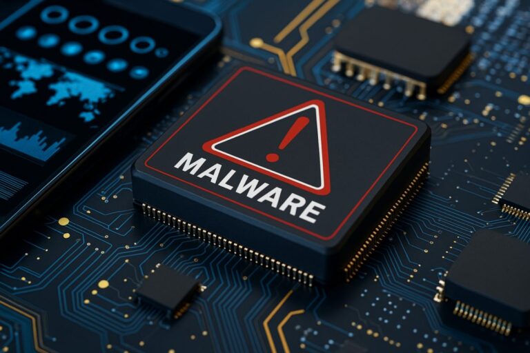 Chip digital con alerta de malware, representando amenazas a pymes españolas en ciberseguridad