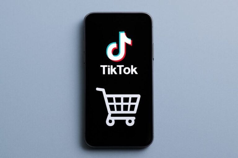 Teléfono móvil mostrando el logo de TikTok y un ícono de carrito de compras como símbolo del emprendimiento digital en México
