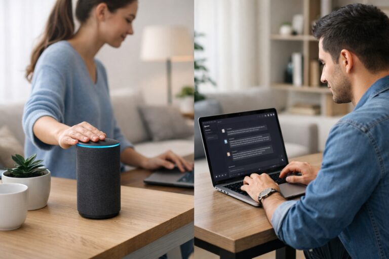Persona usando ChatGPT y otra interactuando con Alexa, representando asistentes de IA
