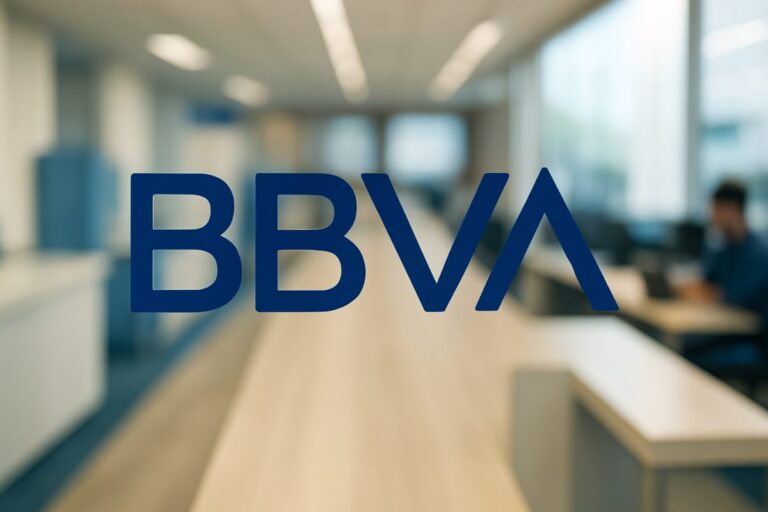 Fotografía profesional del logo de BBVA en oficina, representando liderazgo como mejor banco para pymes en Europa occidental