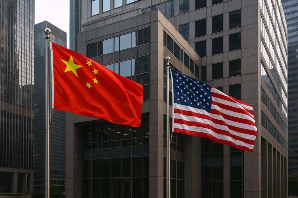 Edificio corporativo con banderas de China y EE.UU. representando la adquisición de empresas estadounidenses