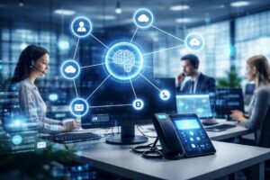 Representación de inteligencia artificial operando en sistemas de telefonía empresarial moderna