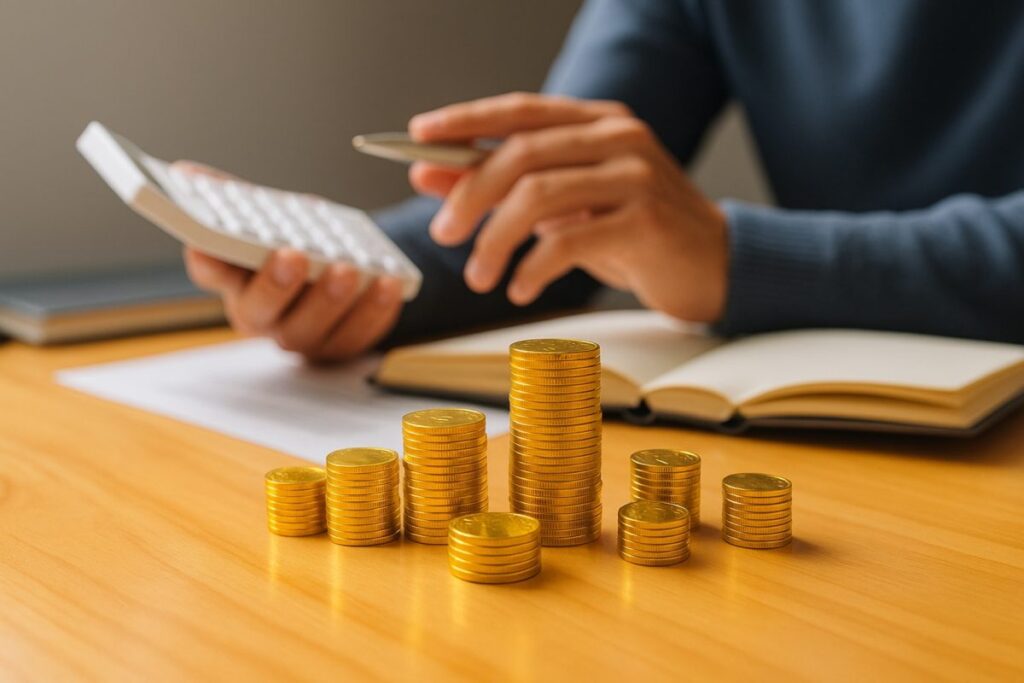 Trabajador contando monedas frente a libreta y calculadora, representando el aumento del salario mínimo profesional