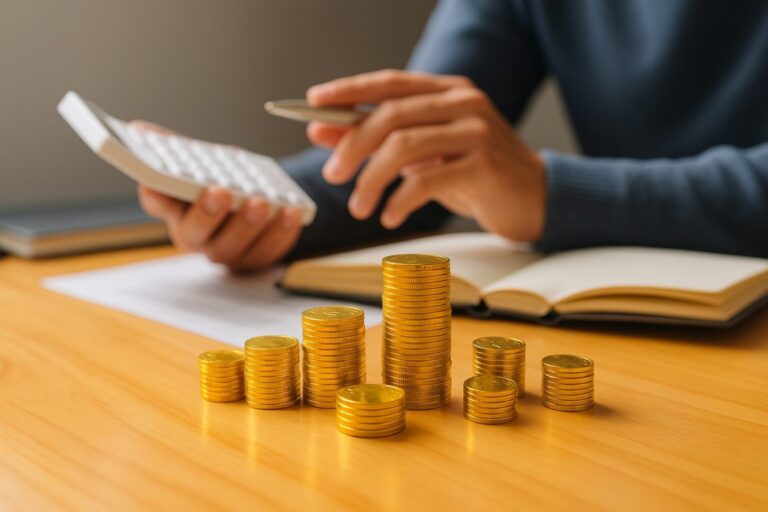 Trabajador contando monedas frente a libreta y calculadora, representando el aumento del salario mínimo profesional