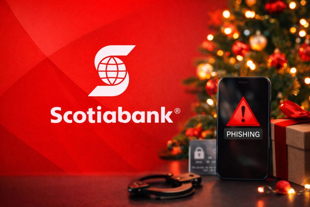 Ilustración editorial que muestra ciberseguridad bancaria y fraudes digitales en Navidad en México