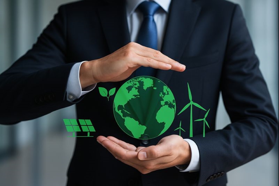 Hombre de negocios con traje protegiendo un ícono del planeta Tierra con elementos de sostenibilidad empresarial y energías limpias