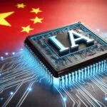 Microchip con letras IA sobre un circuito digital, con la bandera de China de fondo, en alusión al avance tecnológico del país