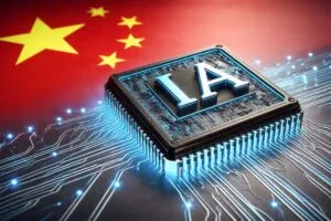 Microchip con letras IA sobre un circuito digital, con la bandera de China de fondo, en alusión al avance tecnológico del país