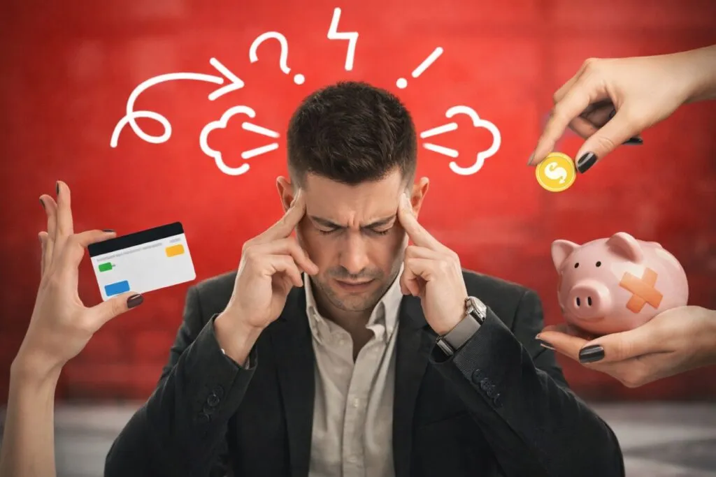 Persona con expresión de estrés, rodeada de símbolos financieros y decisiones económicas, ilustrando el impacto del estrés financiero