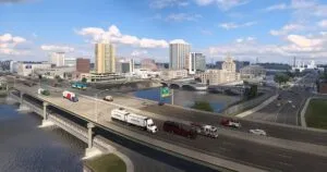 Vista urbana de Cedar Rapids e Iowa City que representa actividad empresarial, inversión regional y desarrollo económico