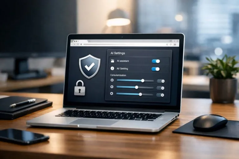 Interfaz de navegador web moderno mostrando ajustes de inteligencia artificial, destacando privacidad y configuración opcional