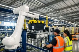 Robots Amazon Robotics operando en centro logístico en Barcelona, innovación tecnológica y empleo