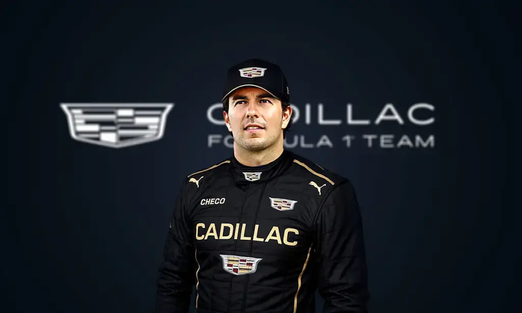 Monoplaza CA01 de Cadillac resaltando los patrocinadores de Checo Pérez en una estrategia de innovación corporativa y tecnológica en F1.