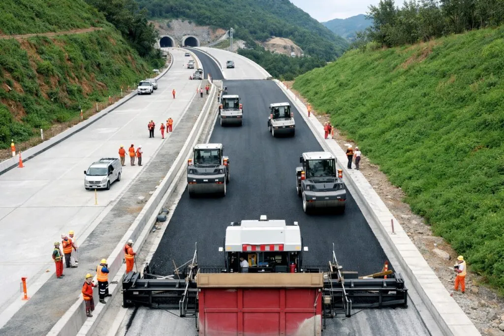 Vehículos robotizados y sensores avanzados en obra vial representando carretera robotizada y digitalización de infraestructuras