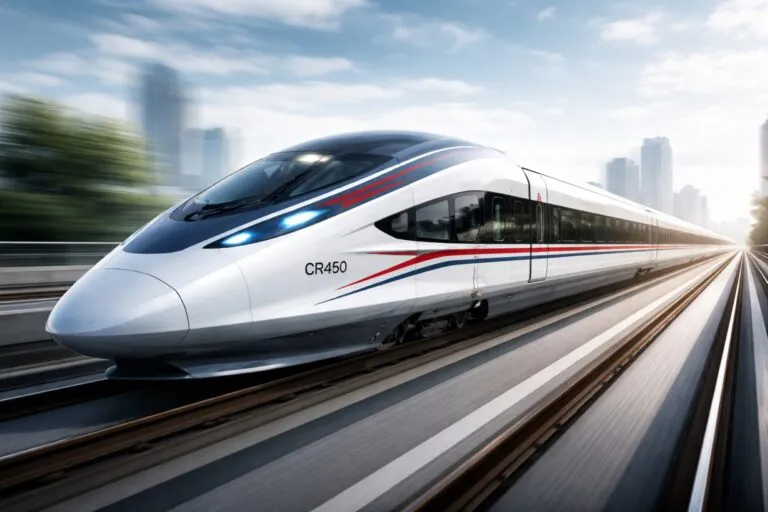 El tren bala CR450 a alta velocidad en pruebas mostrando diseño aerodinámico y progreso tecnológico