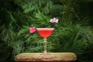 Promesa en Rosa servido en copa elegante con vista al Hotel América en Santa Clara destacando la coctelería cubana