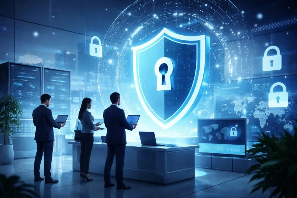 Representación conceptual de ciberseguridad empresarial con elementos digitales y escudo protector, resaltando la resiliencia en la era digital.