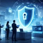 Representación conceptual de ciberseguridad empresarial con elementos digitales y escudo protector, resaltando la resiliencia en la era digital.