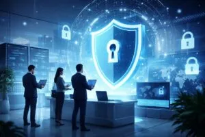 Representación conceptual de ciberseguridad empresarial con elementos digitales y escudo protector, resaltando la resiliencia en la era digital.