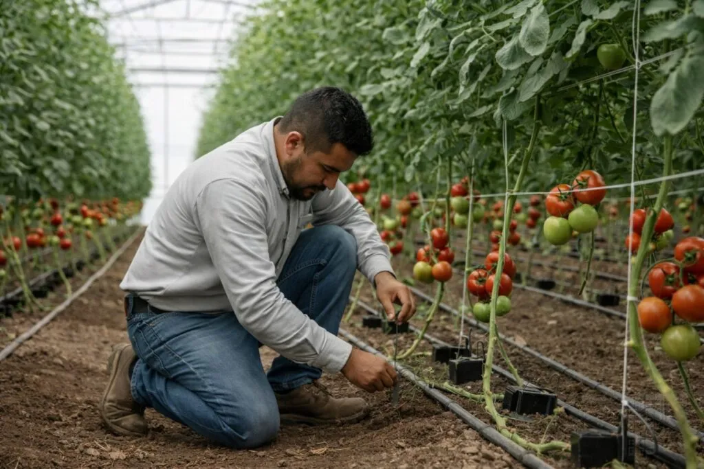 Sondas capacitivas enterradas midiendo humedad del suelo para riego de precisión en campo mexicano con tecnología digital