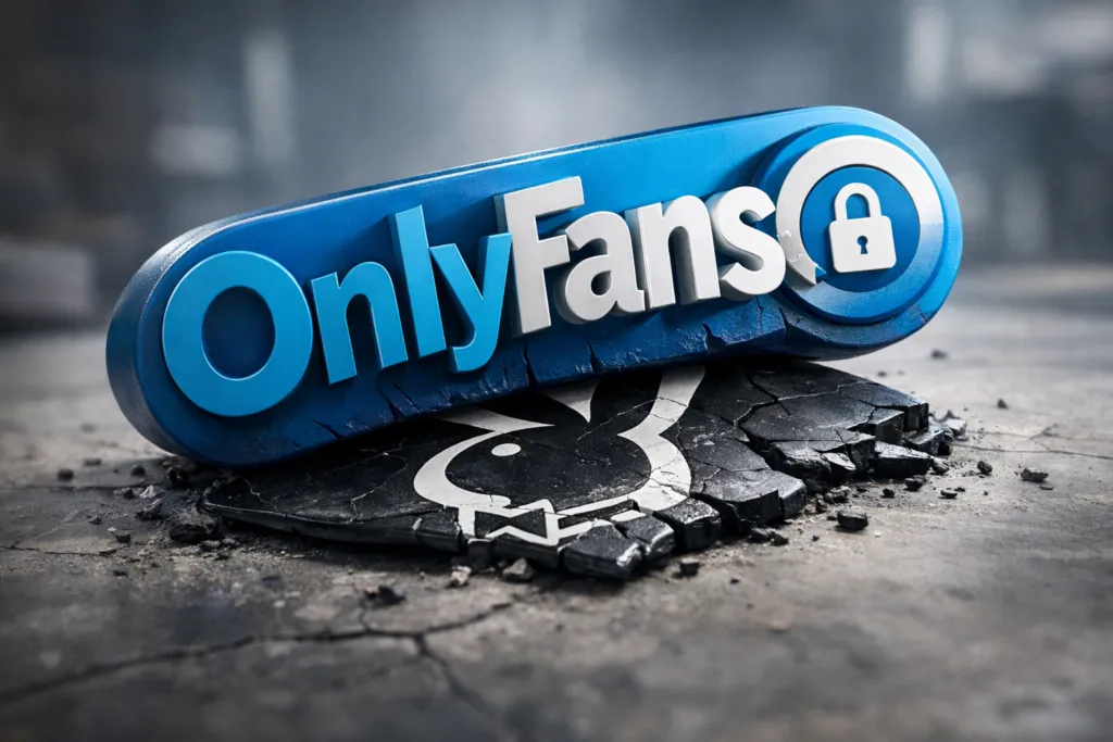 Representación del declive de Playboy ante el crecimiento de plataformas digitales como OnlyFans en la economía de creadores