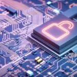 Circuito tecnológico con icono de candado abierto que representa vulnerabilidad y protección de datos personales en entornos digitales.