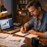 Hombre trabajando de noche en su escritorio con laptop, gráficos y libreta mientras planifica un negocio desde cero