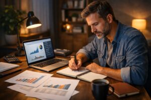 Hombre trabajando de noche en su escritorio con laptop, gráficos y libreta mientras planifica un negocio desde cero