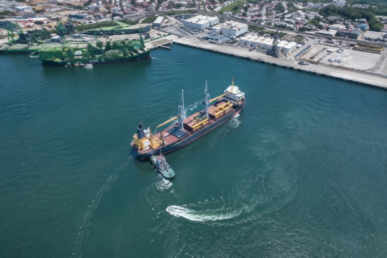 Puerto de Manzanillo con grúas modernas operando buques de gran escala y fortaleciendo la competitividad logística en México