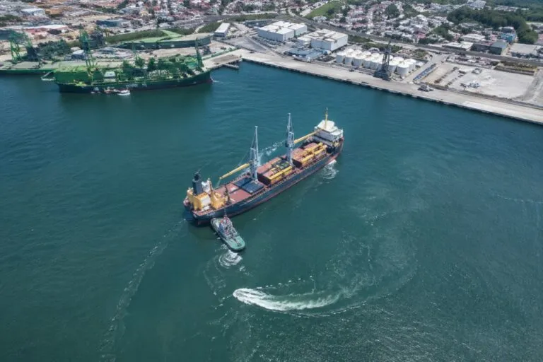 Puerto de Manzanillo con grúas modernas operando buques de gran escala y fortaleciendo la competitividad logística en México