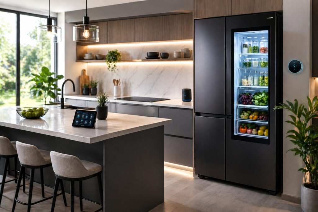 Refrigeradora See-Through Samsung con vidrio inteligente y conectividad en cocina moderna en Perú