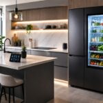 Refrigeradora See-Through Samsung con vidrio inteligente y conectividad en cocina moderna en Perú