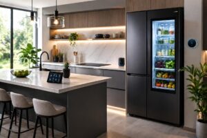 Refrigeradora See-Through Samsung con vidrio inteligente y conectividad en cocina moderna en Perú