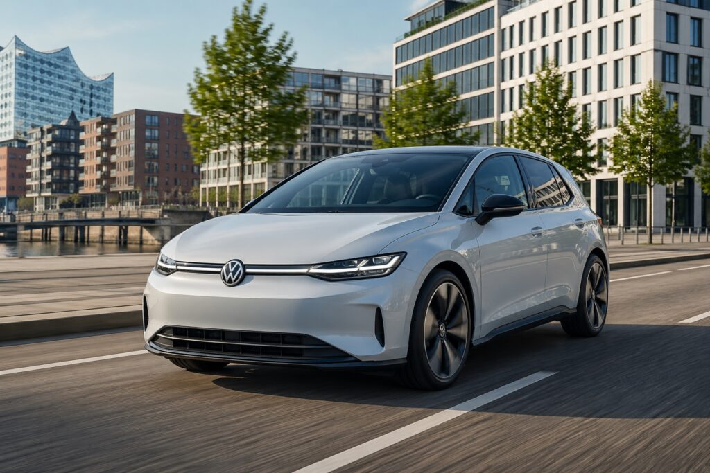 Volkswagen ID Polo eléctrico con 454 km de autonomía en ciudad europea con enfoque en movilidad eléctrica accesible