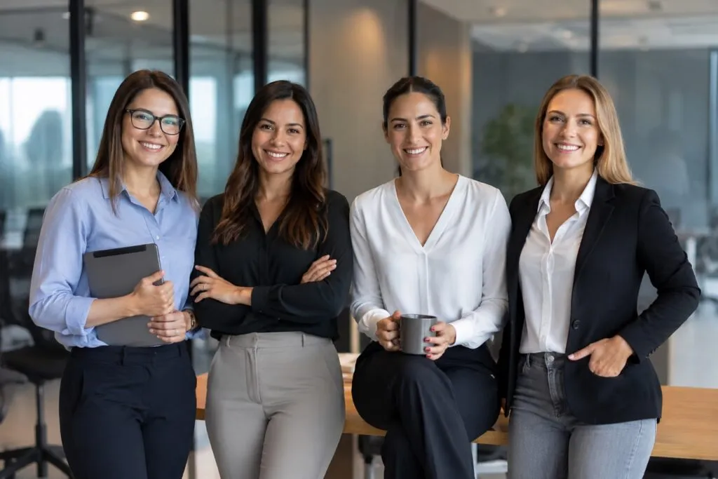 Equipos corporativos en oficinas modernas reflejan bienestar laboral y liderazgo femenino en empresas de Paraguay.