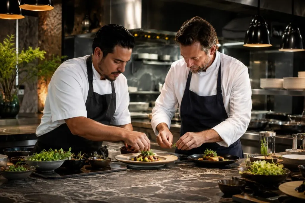 Chefs colaborando en una cocina profesional que refleja innovación y cultura empresarial con inspiración mediterránea y mexicana.