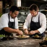 Chefs colaborando en una cocina profesional que refleja innovación y cultura empresarial con inspiración mediterránea y mexicana.