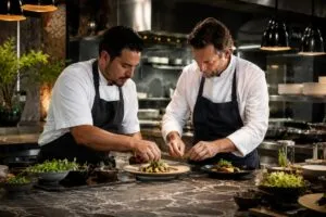 Chefs colaborando en una cocina profesional que refleja innovación y cultura empresarial con inspiración mediterránea y mexicana.