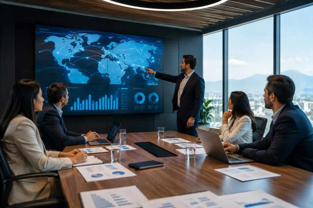 Equipo de ejecutivos analiza estrategias de expansión internacional para fortalecer empresas con presencia internacional.