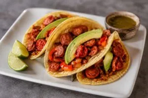 Tacos de salchicha en un puesto de comida de la Ciudad de México con propuesta gastronómica innovadora.